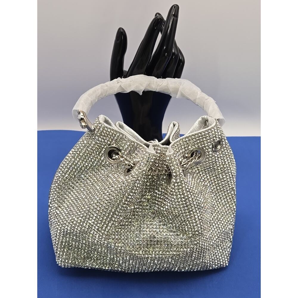 Silver Rhinestone Crystal Bucket Bag Purse w/ Chain Strap & Top Handle – New - Picture 7 of 9